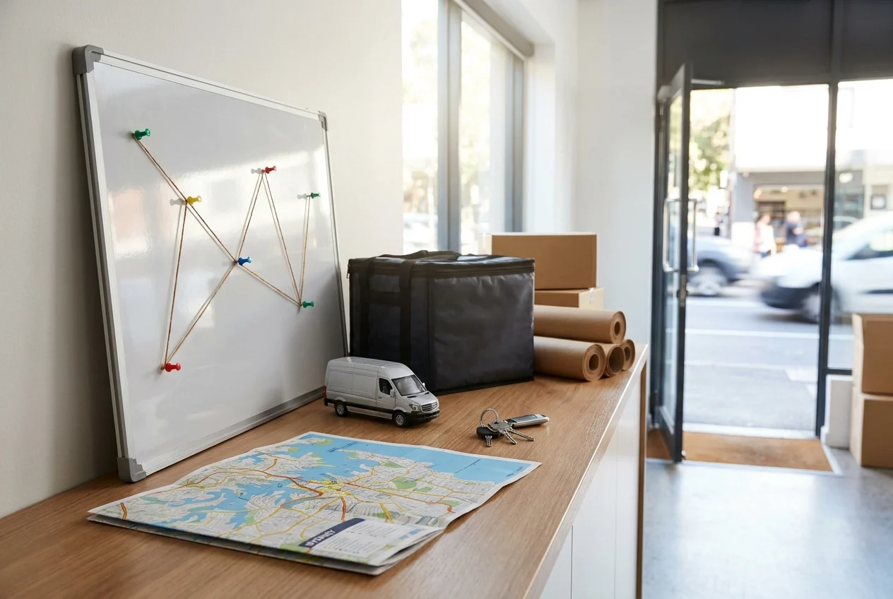 Delivery corner with route board, map, model car, and packaging materials
