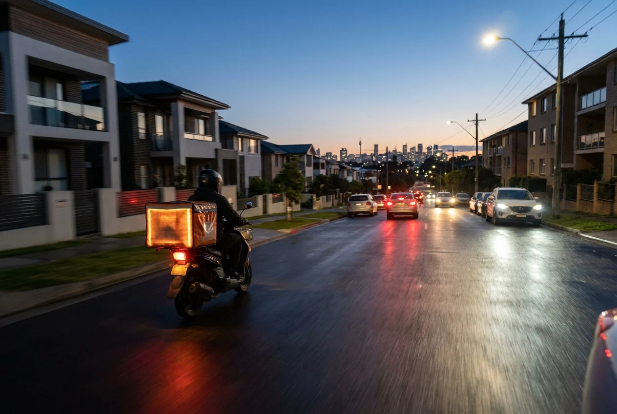 Courier on scooter delivering in Sydney suburb at dusk, city lights visible