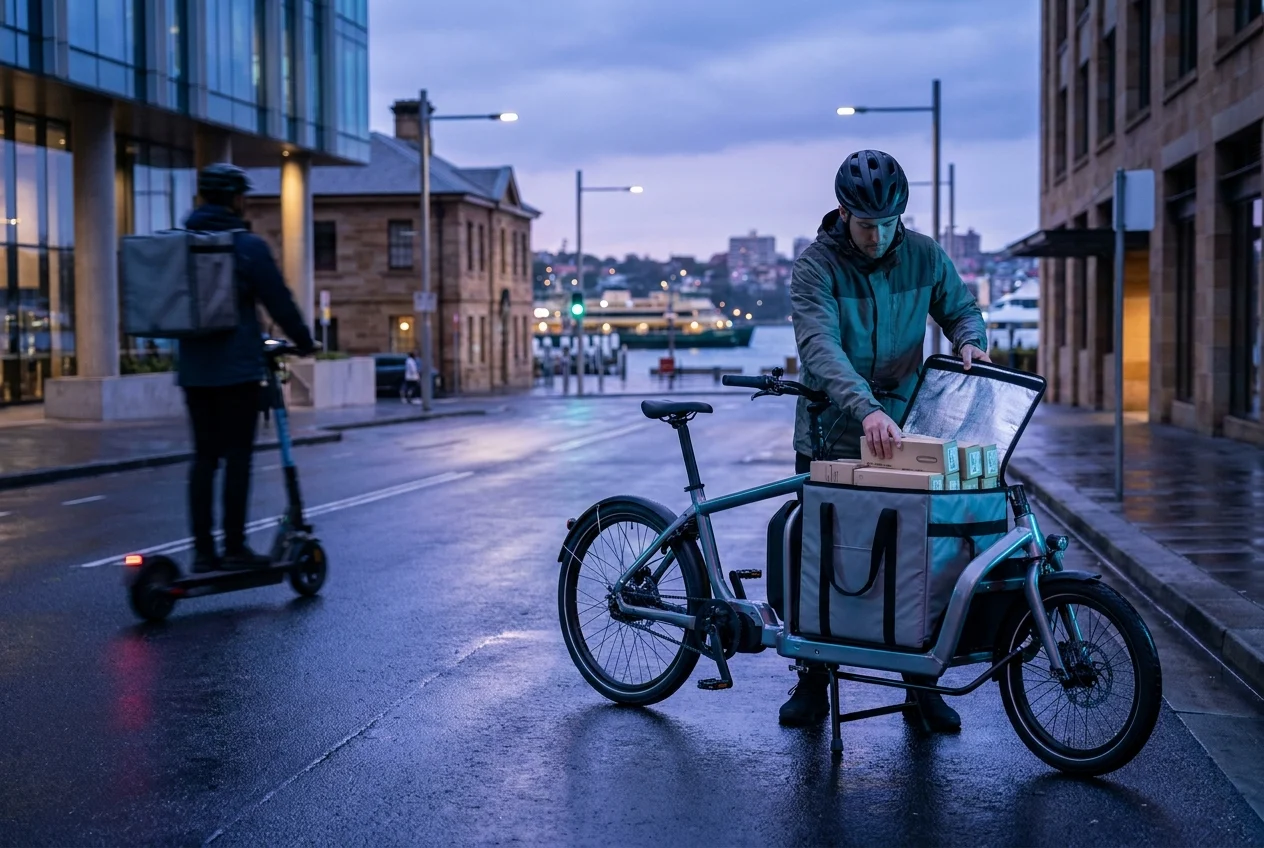 A Guide to 24/7 Nang Delivery in Sydney: Convenience at Your Doorstep 2 Eco-conscious delivery rider with electric vehicle and reusable bags in Sydney