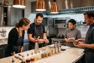 People collaborating in a kitchen with cream charger setup