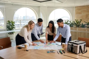 Diverse team planning delivery routes in a modern Sydney office
