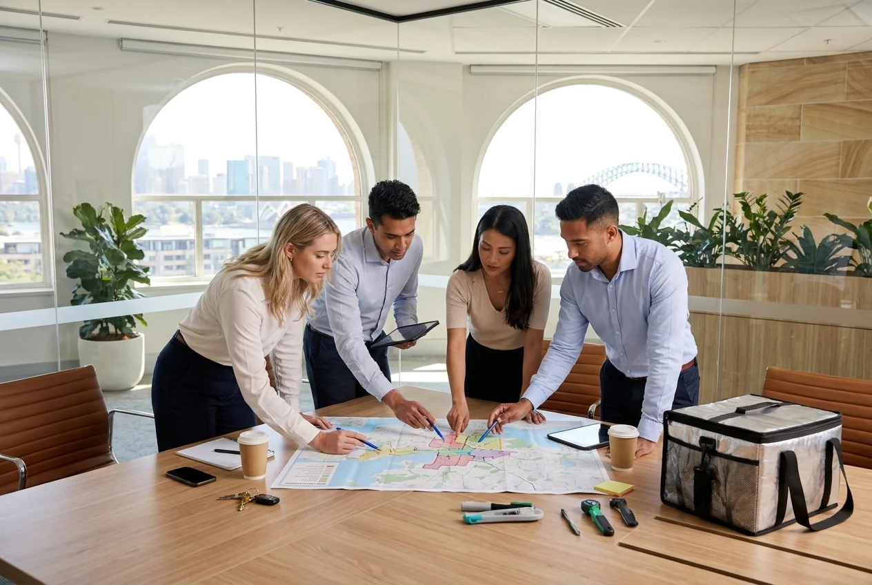 Diverse team planning delivery routes in a modern Sydney office