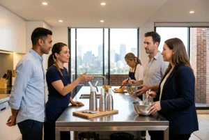 Diverse group collaborating in a modern Sydney kitchen workspace