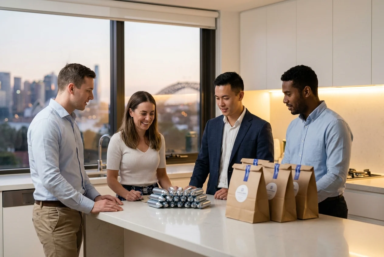 Team collaborating at a kitchen counter with delivery items