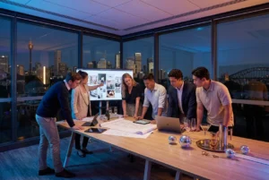 Young adults collaborating in a modern workspace with city skyline