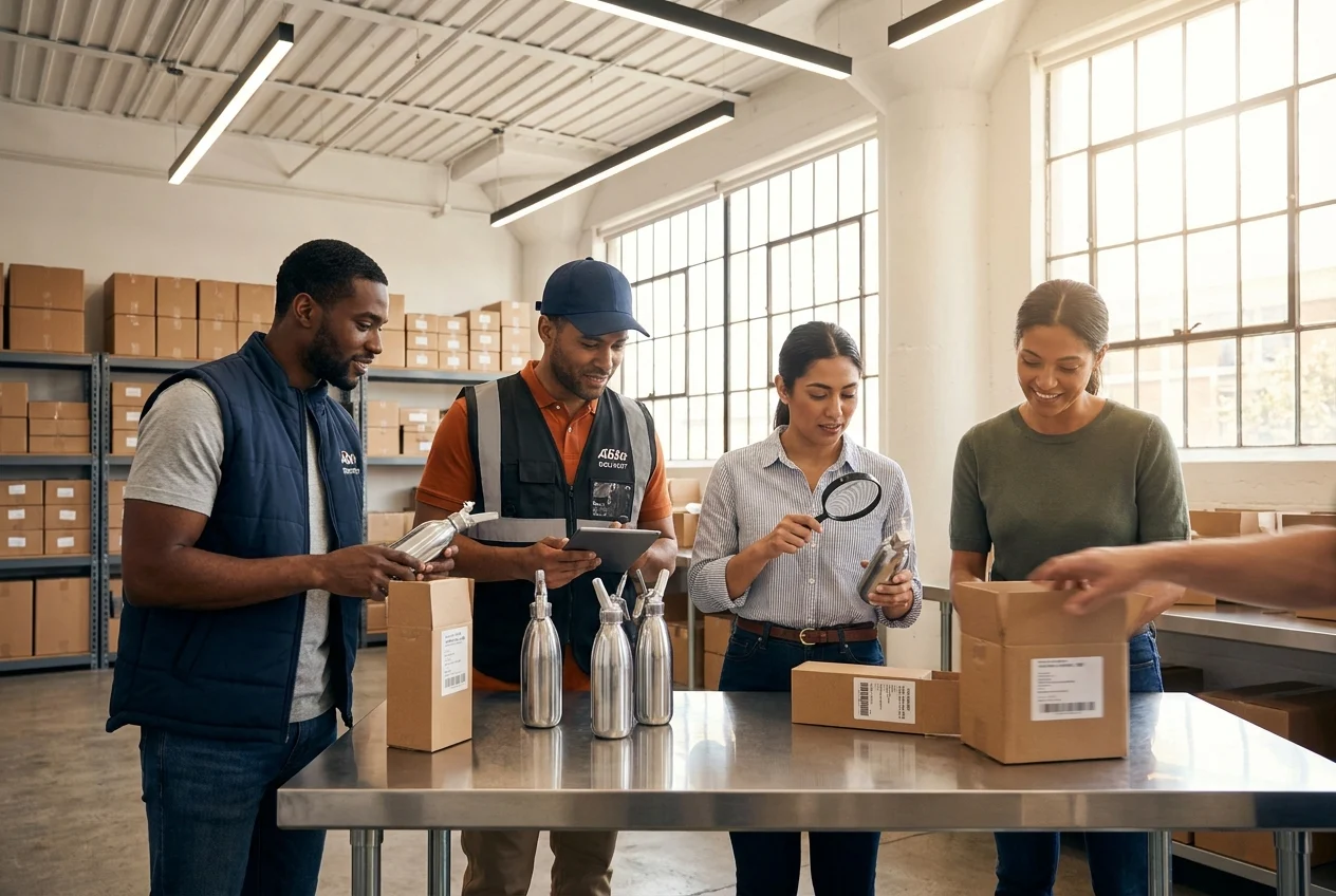 Sydney delivery team inspecting cream chargers in a modern warehouse