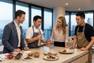 Hospitality professionals collaborating around a modern kitchen island