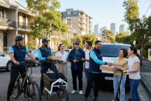 Diverse group of delivery professionals and customers in suburban Sydney streetscape