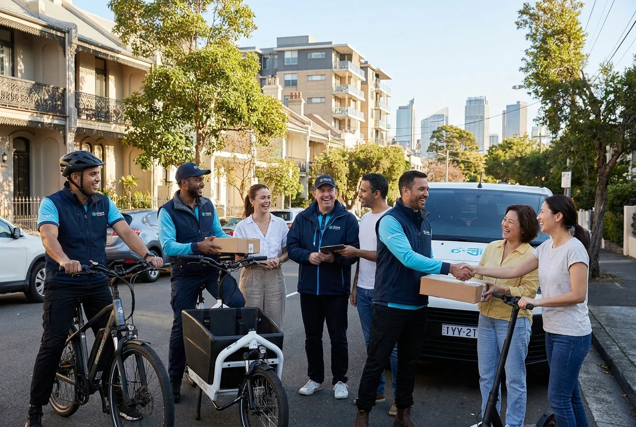 Diverse group of delivery professionals and customers in suburban Sydney streetscape