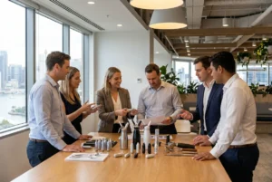 Professionals collaborating around a table with cream chargers in Sydney office