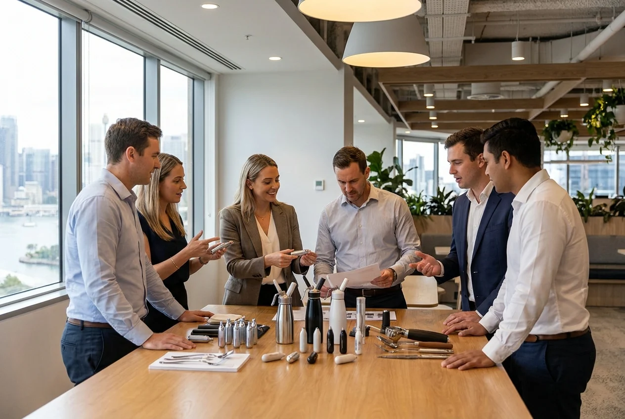 Professionals collaborating around a table with cream chargers in Sydney office