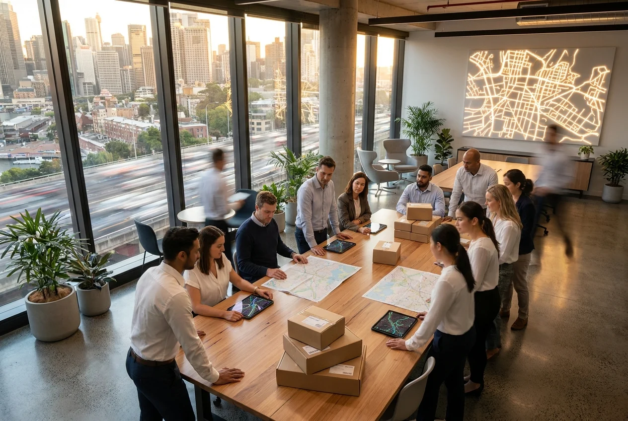 Modern logistics workspace with team planning delivery routes in Sydney