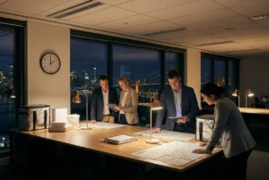 Dispatch team coordinating late-night orders in a modern workspace