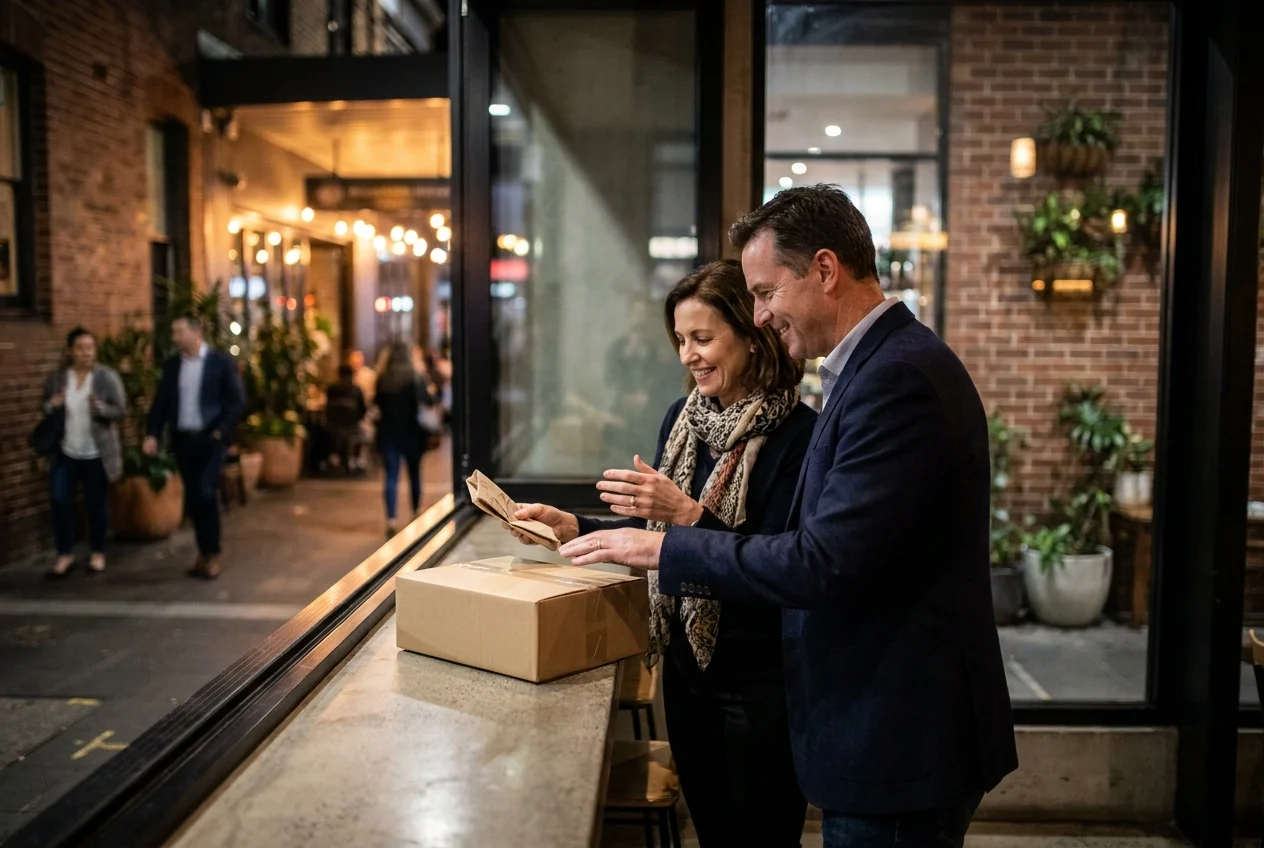 The Impact of Fast Nang Delivery on Sydney's Nightlife 2 Business partners exchanging a package in a stylish Sydney retail setting