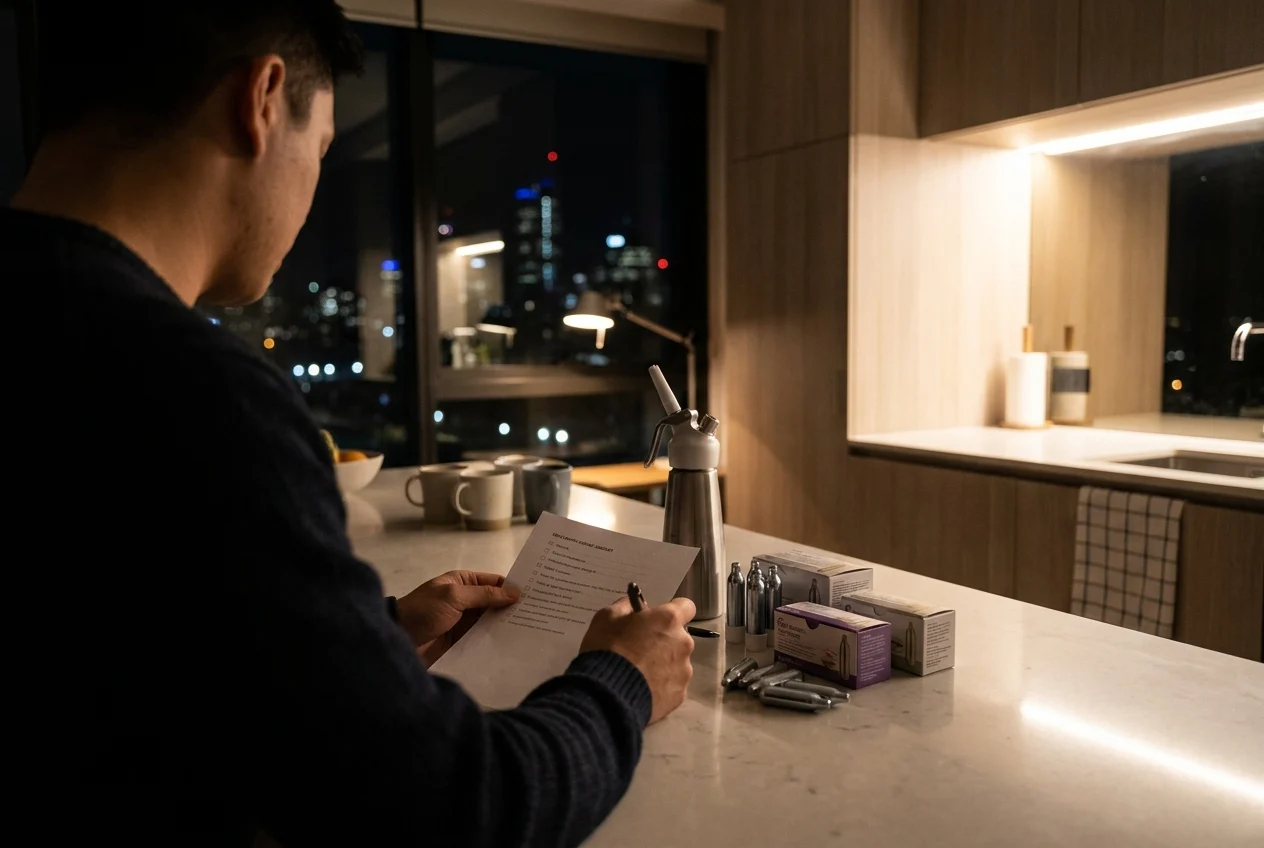 Person reviewing delivery checklist in Sydney apartment kitchen at night