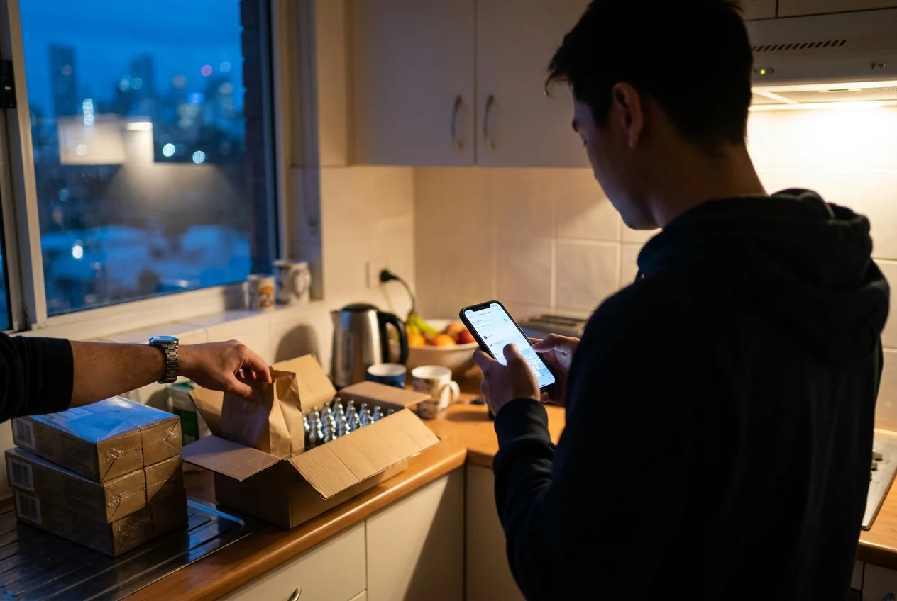 The Convenience of 24/7 Nang Delivery in Sydney 1 Person orders nangs on phone; cream chargers on kitchen counter