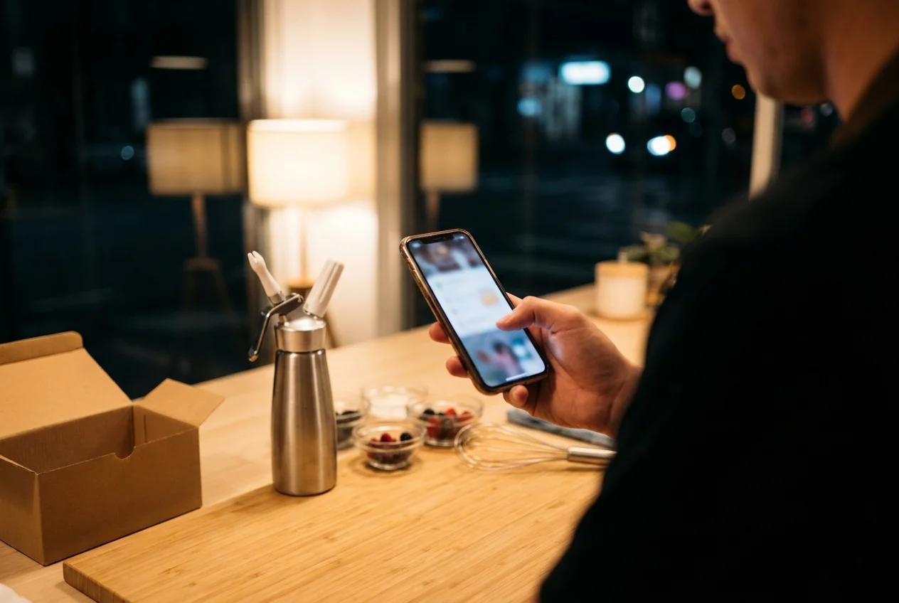 Person ordering cream chargers on smartphone in modern Sydney setting