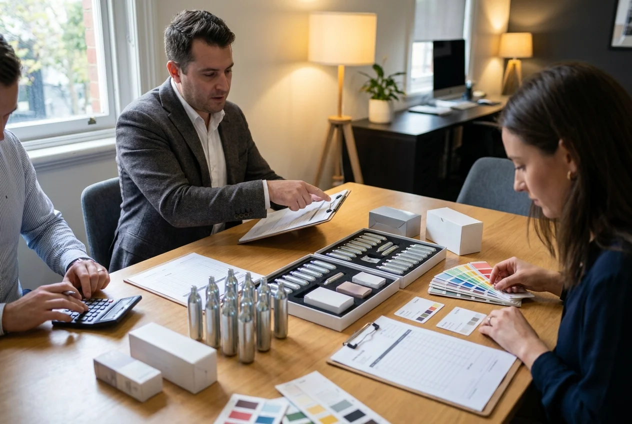 Top Reasons to Choose Nang Sydney for Your Cream Charger Needs 2 Team discussing cream charger delivery options with product samples and notes.