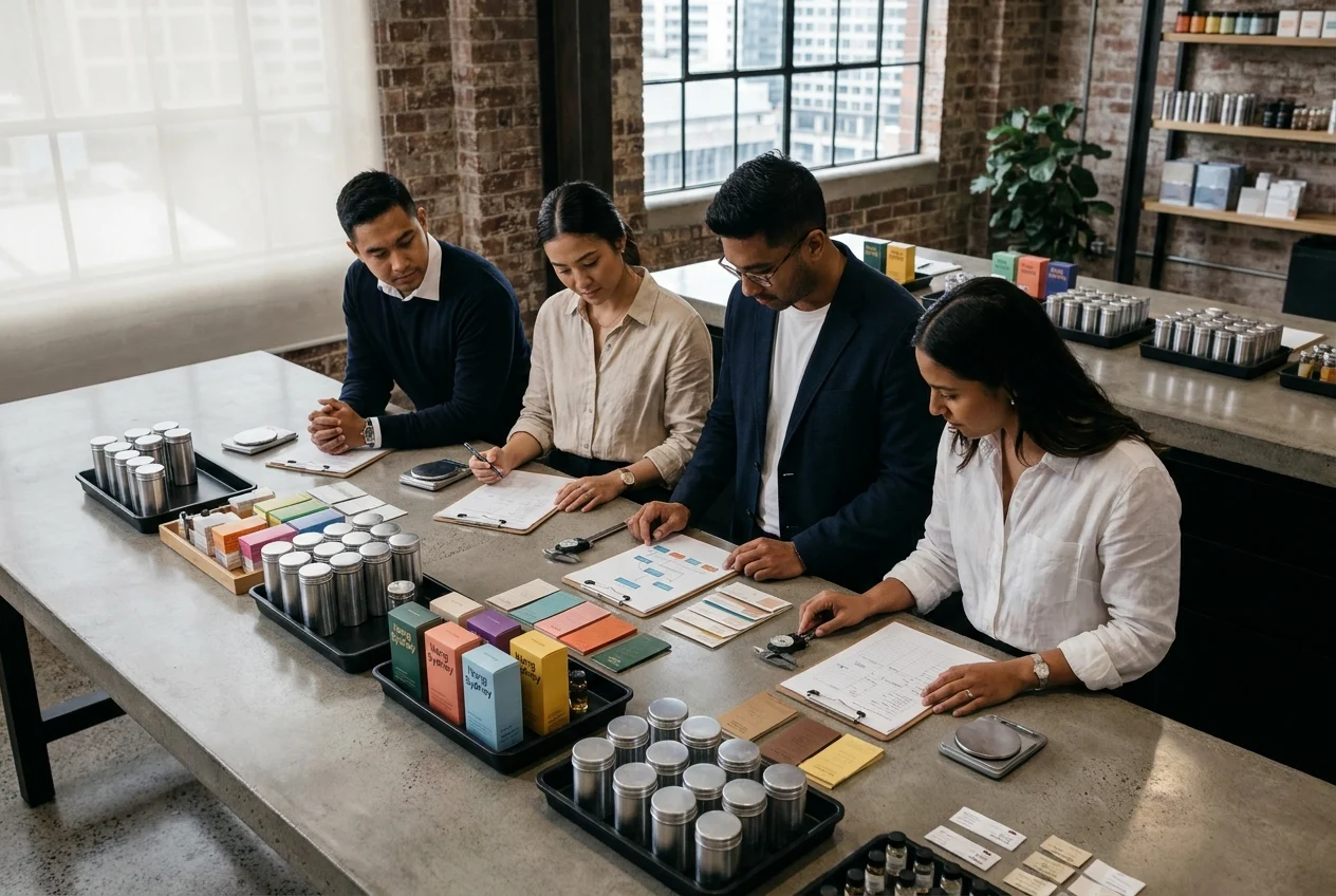 Why Choose Nang Sydney for Convenient and Premium Nang Products 1 Photographic over-the-table strategy review scene showing customizable order planning for Nang Sydney, with mixed team