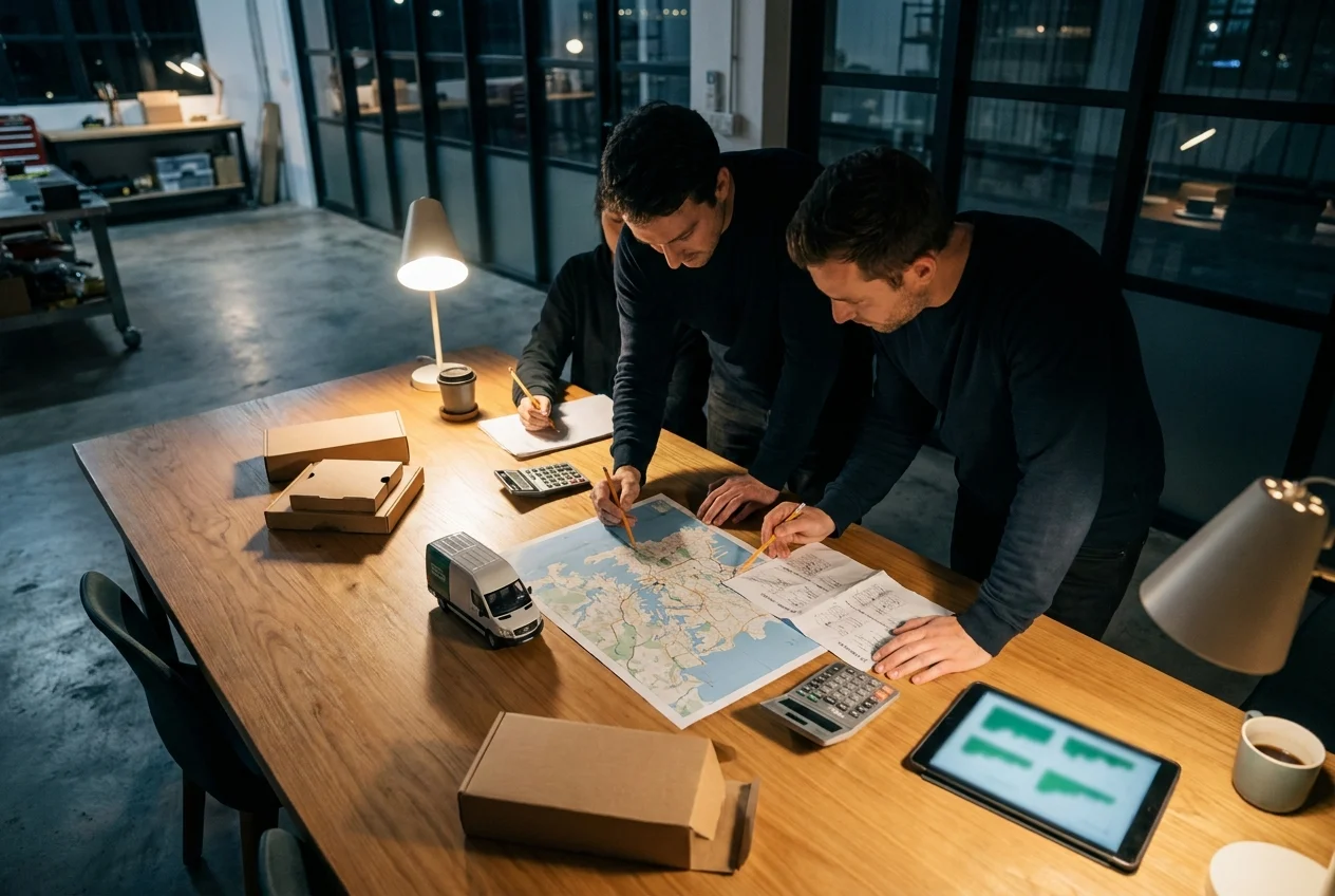 How Nangs Sydney Ensures Premium Service for Late Night Deliveries 2 Team analyzing delivery routes with map and model vehicle