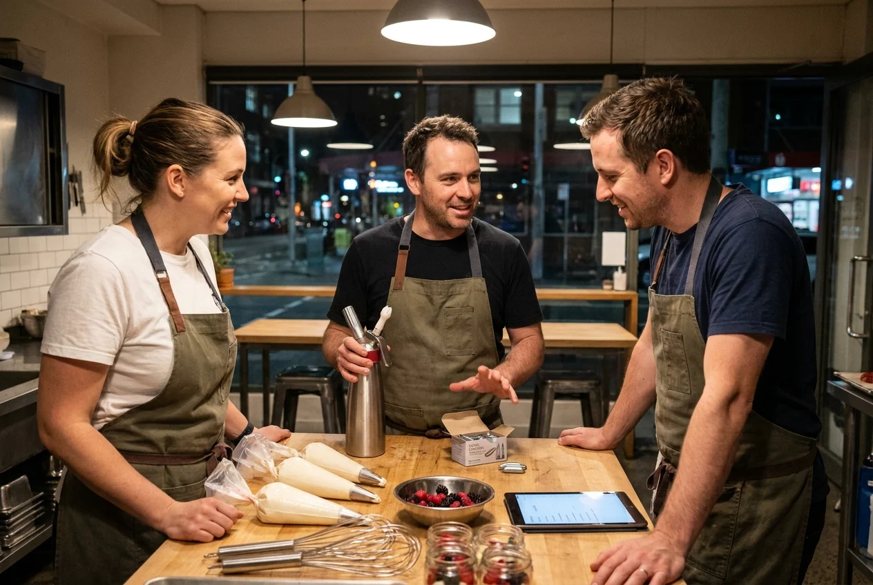 Adults collaborating in a Sydney kitchen with cream chargers and desserts
