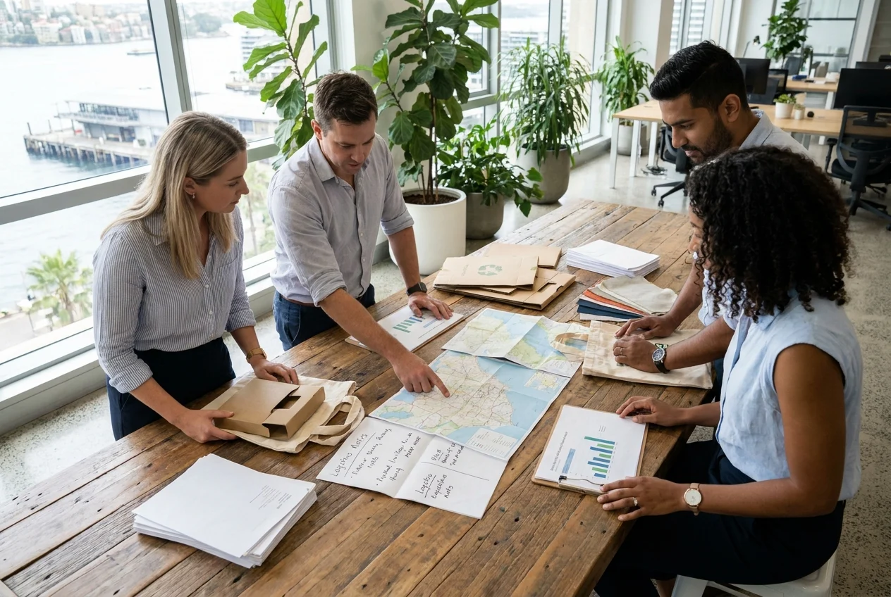 Team reviewing delivery efficiency in eco-conscious Sydney operations space