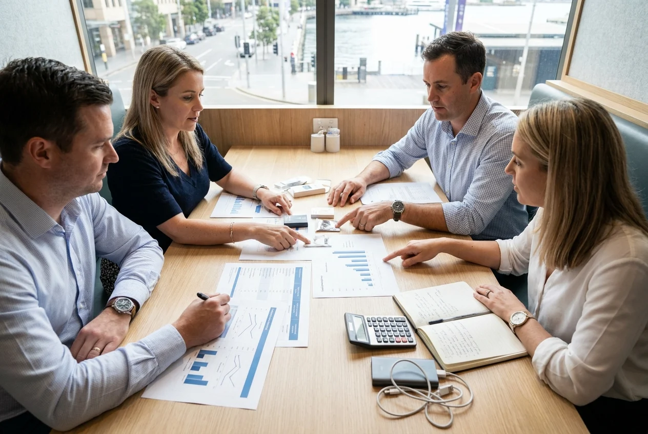 Business meeting reviewing delivery service costs and offers in Sydney