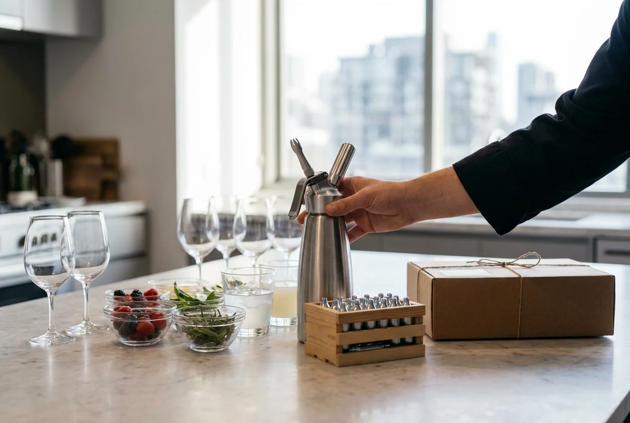 Elegant Sydney workspace with cream chargers and delivery parcel.