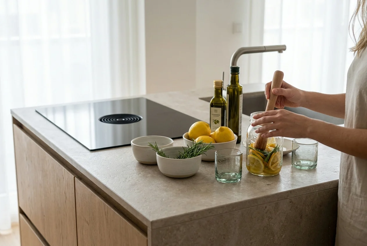 Photographic three-quarter perspective of a refined kitchen prep space with a clean branded-space feel, elegant