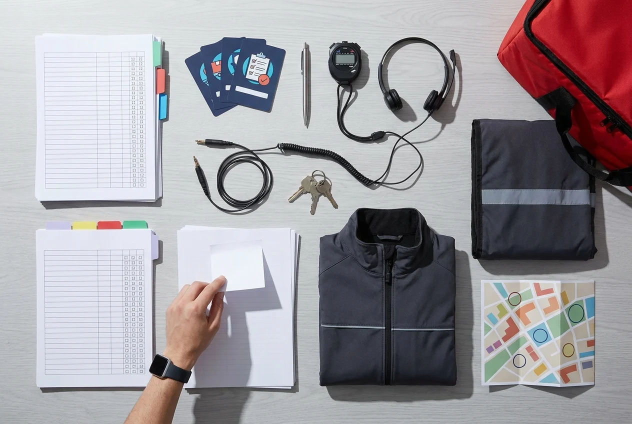 Flat-lay of delivery training materials with map and checklist sheets