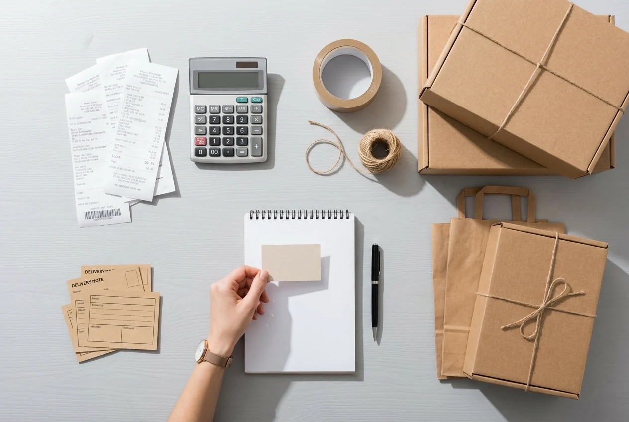 Photographic top-down flat-lay of a cost-planning workspace on a clean light surface, organized receipts, calculator,
