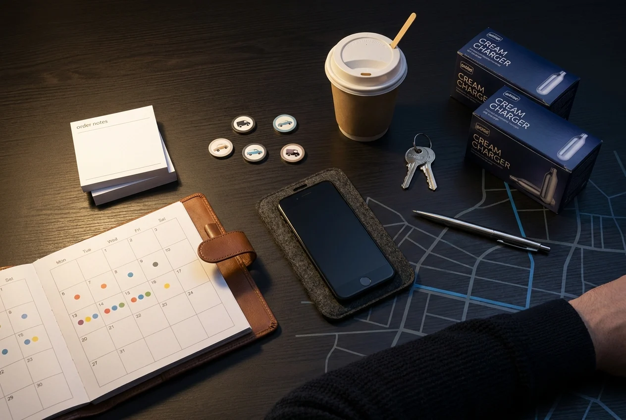 Top Reasons to Choose Nang Sydney for Your Cream Charger Needs 1 Neatly organized desk with delivery planning items and cream charger packaging.
