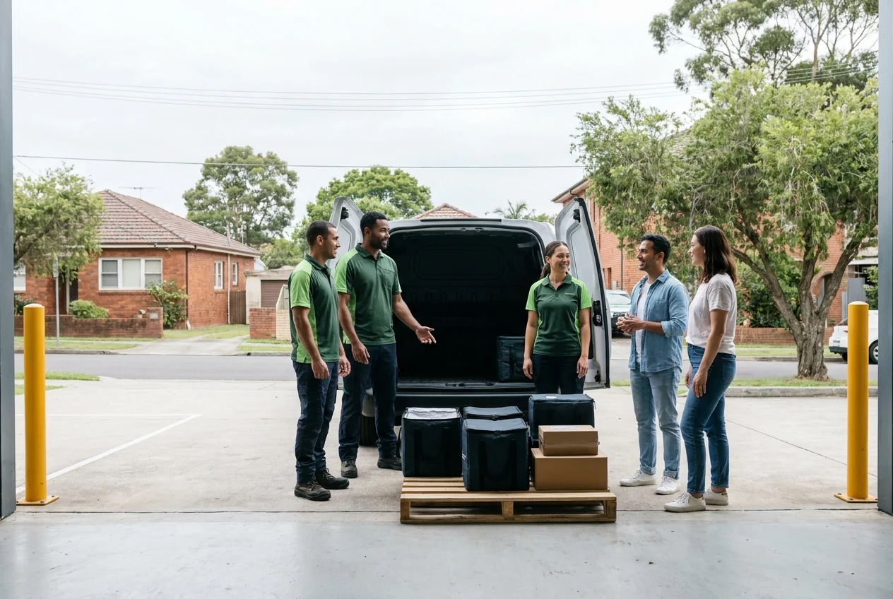 Delivery professionals with electric van and parcels in Sydney suburb