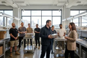 Delivery team presenting cream chargers in a modern fulfillment setting