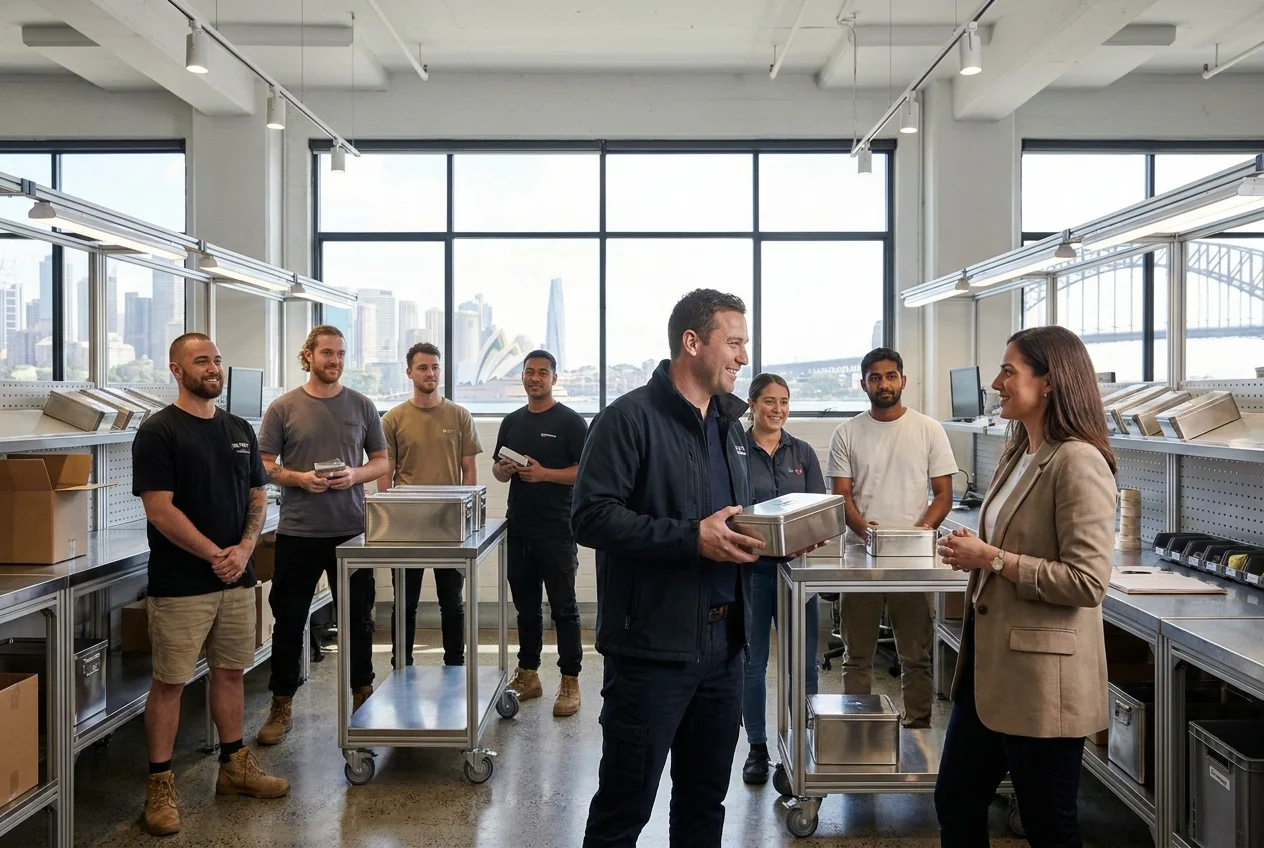 Delivery team presenting cream chargers in a modern fulfillment setting