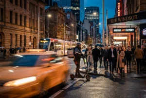 Delivery rider navigating a bustling Sydney street at night