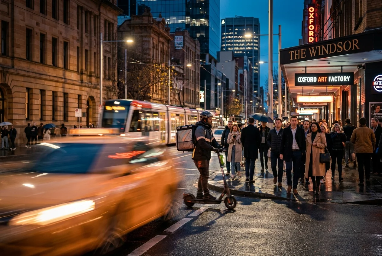 Delivery rider navigating a bustling Sydney street at night