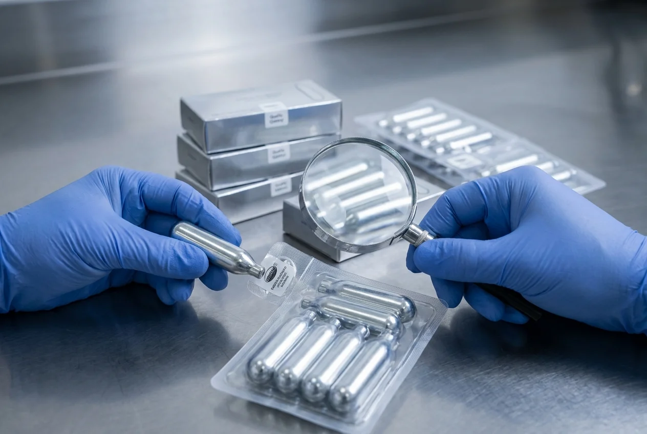 Gloved hand inspecting cream charger on stainless surface, emphasizing quality.
