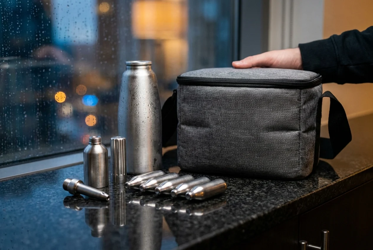 Close-up of delivery pouch with cream chargers on a countertop