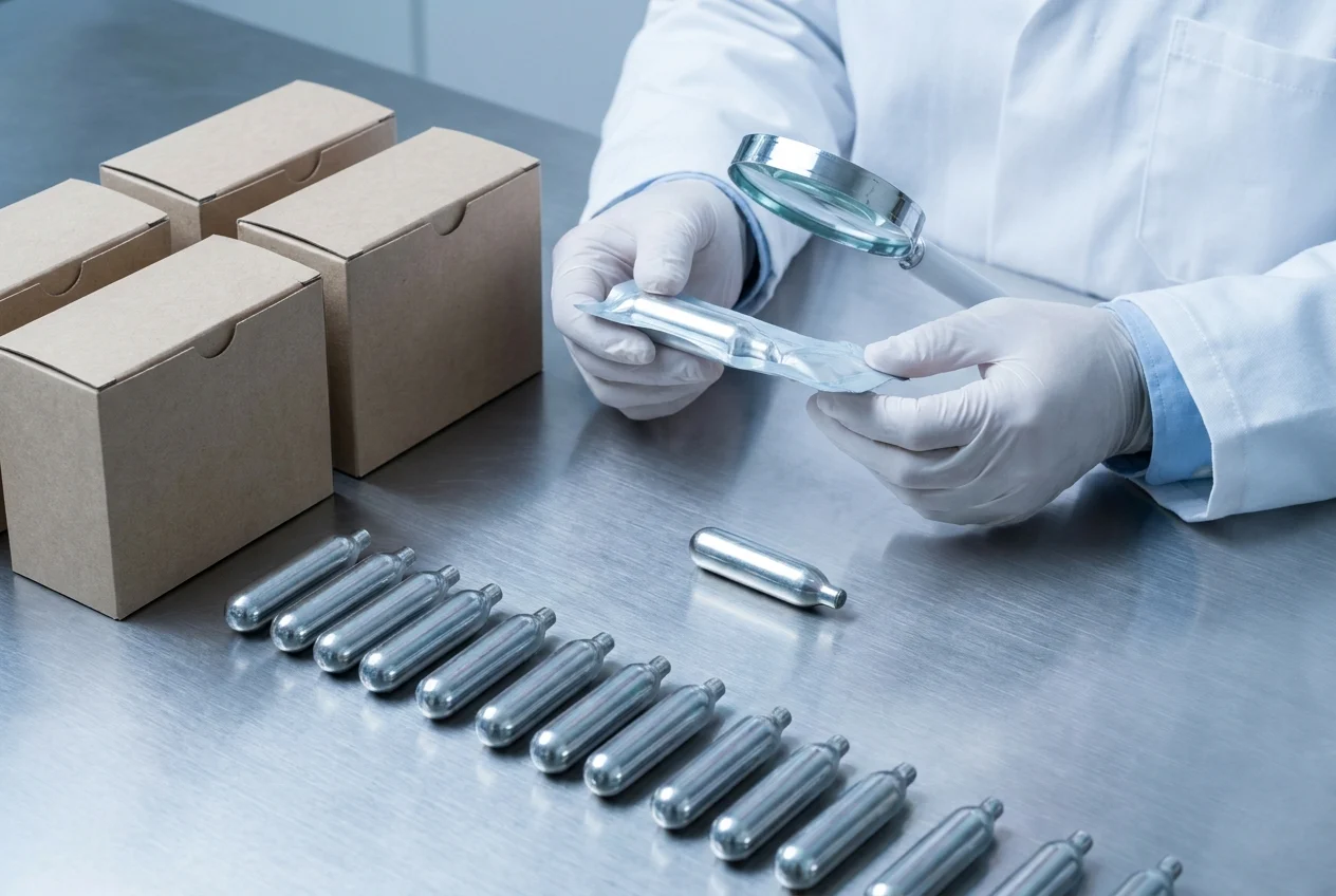 Fast and Reliable Nang Delivery Across Sydney Suburbs 1 Hands inspecting cream chargers on stainless-steel benchtop, emphasizing quality assurance
