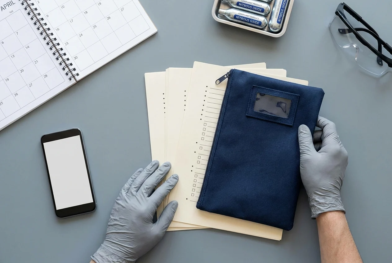 Organized workspace with safety materials and nang delivery items on desk