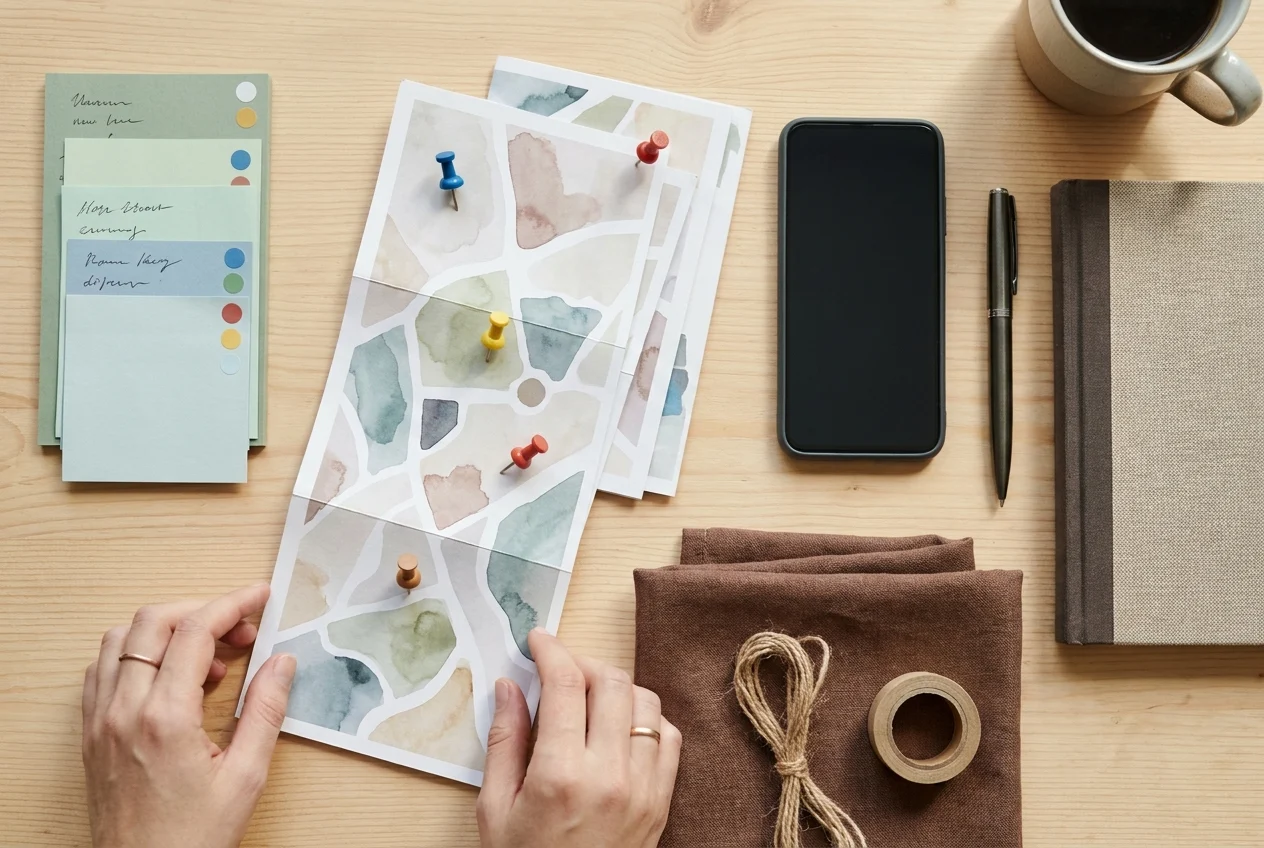 Organized workspace with maps, notes, smartphone, and packaging materials
