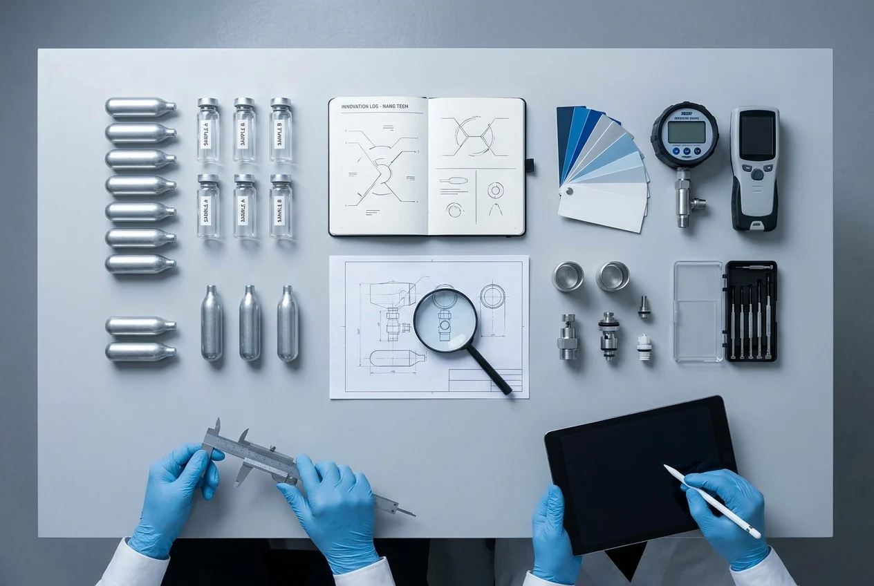 How Nang Sydney Ensures Premium Quality and Fast Delivery 1 Organized workspace with cream chargers, tools, and research materials on a table