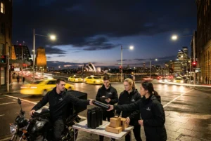 Courier preparing cream chargers for delivery in urban Sydney setting