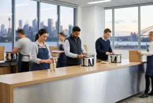 Sydney delivery team preparing cream chargers in a commercial setting