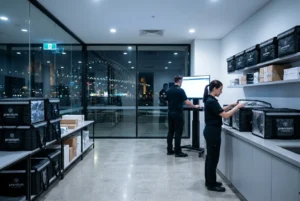 Couriers preparing deliveries in a modern Sydney dispatch space