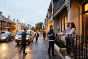 Courier handing off package outside modern city terrace at dusk
