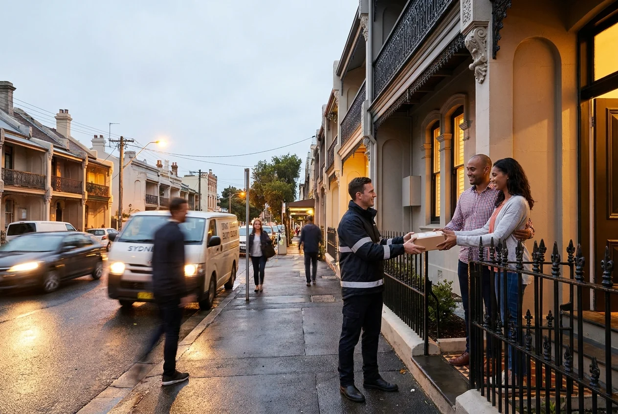 Courier handing off package outside modern city terrace at dusk