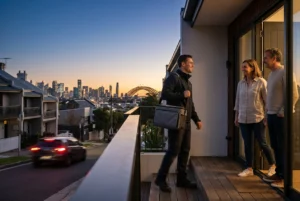 Courier delivering package to a modern home at dusk