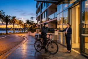 Delivery rider handing package to customer outside coastal apartment at dusk